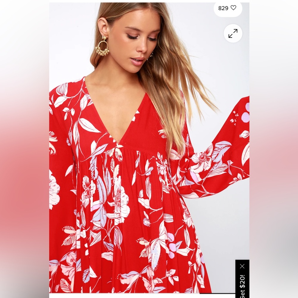 Free People Red and White Floral V-Neck Dress Size XS